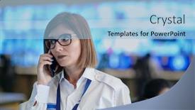  Presentation with female security - Cool new presentation theme with female-security-guard-operator-talking backdrop and a light blue colored foreground