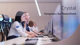  Presentation with female security - Cool new PPT theme with female-security-guard-operator-talking backdrop and a light blue colored foreground