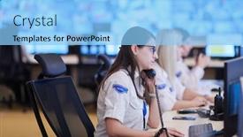  Presentation with female security - Slide set having female-security-guard-operator-talking background and a light blue colored foreground