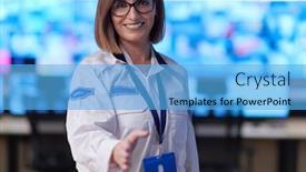 Presentation with female security - PPT theme featuring female-security-operator-extending background and a light blue colored foreground