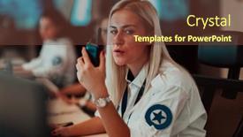  Presentation with female security - Presentation design having female-security-operator-holding-portable background and a tawny brown colored foreground