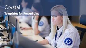  Presentation with female security - PPT theme having female-security-operator-working background and a ocean colored foreground