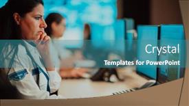  Presentation with female security - Presentation design consisting of female-security-operator-working background and a teal colored foreground