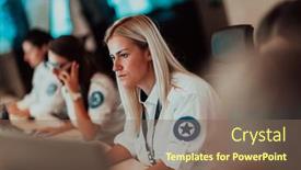  Presentation with female security - Presentation theme with female-security-operator-working background and a violet colored foreground