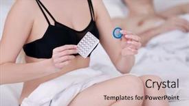  Presentation with contraceptive - Beautiful PPT theme featuring female sex hormones - young woman sitting on bed backdrop and a soft green colored foreground