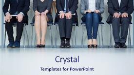  Presentation with chairs - Slide deck having female shoes - several business people sitting background and a sky blue colored foreground