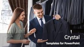 Presentation with helping man - Amazing PPT layouts having female shop assistant helping man backdrop and a dark gray colored foreground