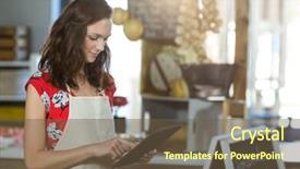  Presentation with using digital tablet - Slide deck with female shop assistant using digital background and a  colored foreground