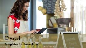  Presentation with mystery shop - Beautiful slide deck featuring female shop assistant using digital backdrop and a  colored foreground