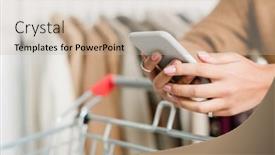  Presentation with scrolling - Audience pleasing presentation theme consisting of female shopper hands holding smartphone while scrolling and pushing cart during visit to boutique within seasonal sale period backdrop and a mint green colored foreground