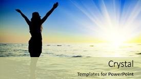  Presentation with sunset - Colorful PPT layouts enhanced with female silhouette - happy woman jumping in sea backdrop and a soft green colored foreground