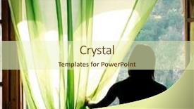  Presentation with hospitality hotel reception female receptionist - Slides with female silhouette at open window in old hotel background and a soft green colored foreground