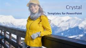  Presentation with female - Colorful presentation design enhanced with female-skier-on-the-terrace backdrop and a light blue colored foreground