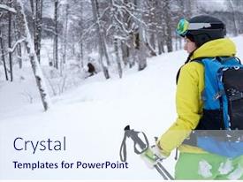 Female Skier Standing On Background PPT template 83 | CrystalGraphics