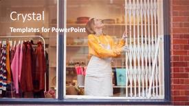  Presentation with female security - Colorful presentation design enhanced with female-small-business-owner-pushing backdrop and a coral colored foreground