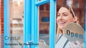 Presentation with open door - Beautiful PPT theme featuring female-small-business-owner-turning backdrop and a light blue colored foreground