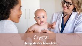  Presentation with baby doctor - Cool new PPT theme with female-smiling-doctor-examining backdrop and a coral colored foreground