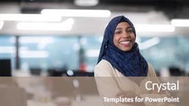  Presentation with developer - Cool new PPT layouts with female software developer with blue backdrop and a coral colored foreground