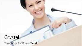  Presentation with diagram - Amazing slide deck having female speaker at the podium handing diagram business conference backdrop and a light gray colored foreground