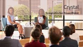  Presentation with speakers - Theme featuring female speakers sit facing audience background and a coral colored foreground
