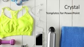  Presentation with female sport - Presentation theme enhanced with female sports - sport equipment and clothes background and a light gray colored foreground