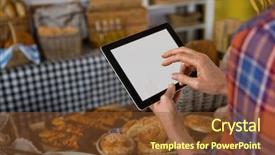  Presentation with using digital tablet - Colorful theme enhanced with female staff using digital tablet backdrop and a tawny brown colored foreground