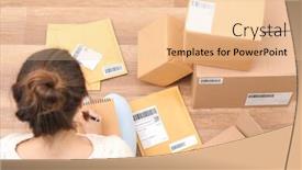  Presentation with customers - Audience pleasing presentation theme consisting of female-startupper-preparing-parcels backdrop and a lemonade colored foreground