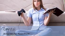  Presentation with exam - Slide set enhanced with female student being distracted from exam preparation background and a light blue colored foreground