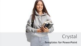  Presentation with books - Slide deck with female-student-carrying-books background and a light gray colored foreground