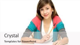  Presentation with homework - PPT layouts with female student doing homework background and a sky blue colored foreground
