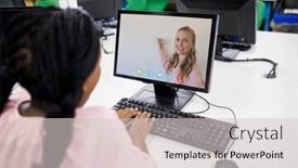  Presentation with distance learning - Beautiful PPT theme featuring female-student-having-a-video backdrop and a light gray colored foreground