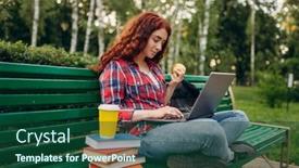  Presentation with lunch - Cool new PPT theme with female student having lunch on the bench in park backdrop and a forest green colored foreground