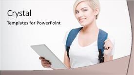  Presentation with computer - Slides featuring female student holding tablet computer and looking at camera isolated on a white background background and a white colored foreground