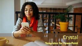  Presentation with phone - Slides featuring female-student-holds-using-phone background and a tawny brown colored foreground