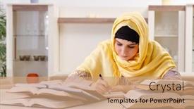  Presentation with hijab - Audience pleasing PPT theme consisting of school house writing book - female student in hijab preparing backdrop and a coral colored foreground