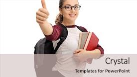  Presentation with female college student for health check up - Colorful PPT theme enhanced with female student making a thumb backdrop and a soft green colored foreground