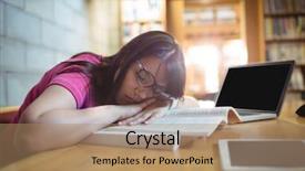  Presentation with book - Presentation design featuring female student napping on book background and a coral colored foreground
