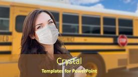  Presentation with school bus - PPT theme featuring female-student-near-school-bus background and a tawny brown colored foreground