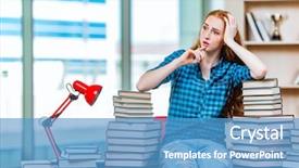  Presentation with worried young female college student - PPT layouts enhanced with female student preparing for exam background and a teal colored foreground