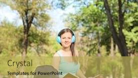  Presentation with lens - Audience pleasing presentation theme consisting of female student reading a book in park and looking at the camera shot with tilt and shift lens backdrop and a yellow colored foreground