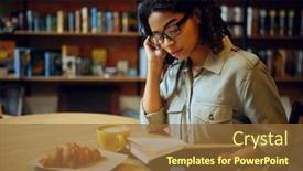  Presentation with library - PPT theme having female-student-reads-book background and a tawny brown colored foreground