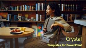  Presentation with library - Cool new presentation design with female-student-reads-book backdrop and a tawny brown colored foreground