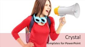  Presentation with student - Audience pleasing PPT layouts consisting of female student shouting via megaphone isolated on white background backdrop and a red colored foreground