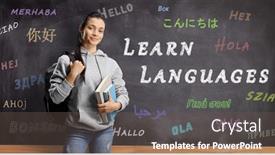  Presentation with blackboard - PPT theme featuring female-student-standing-in-front background and a gray colored foreground