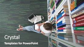  Presentation with music headphones - Theme consisting of female student study in library background and a dark gray colored foreground