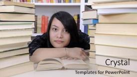  Presentation with library - Beautiful PPT theme featuring female student studying with books in a library backdrop and a mint green colored foreground
