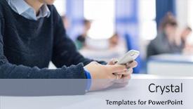  Presentation with worried young female college student - Colorful PPT layouts enhanced with female student using a mobile backdrop and a light blue colored foreground