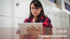  Presentation with using digital tablet - PPT theme featuring female-student-using-digital-tablet background and a coral colored foreground