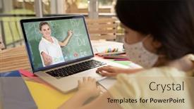  Presentation with distance learning - PPT layouts featuring female-student-wearing-face-mask background and a coral colored foreground