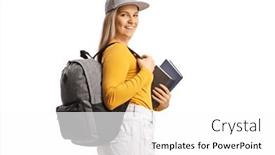  Presentation with shoulder - Presentation theme with female-student-with-a-backpack background and a white colored foreground